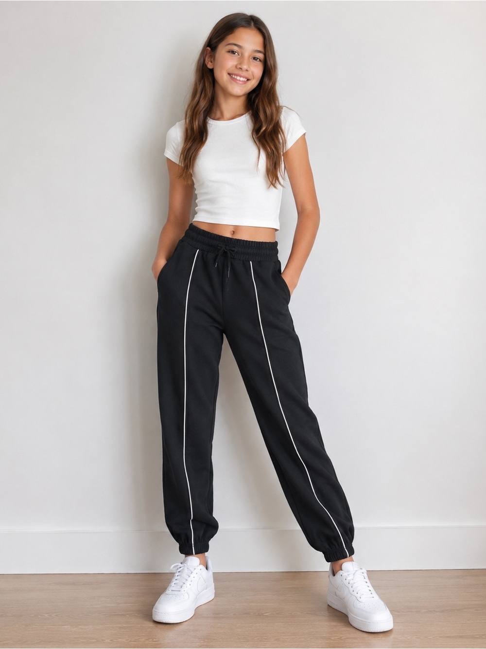 Girls' Black Joggers with White Contrast Piping